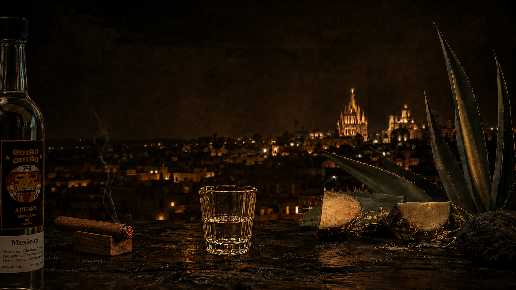 A veladora of mezcal and cigar overlooking San Miguel de Allende at night